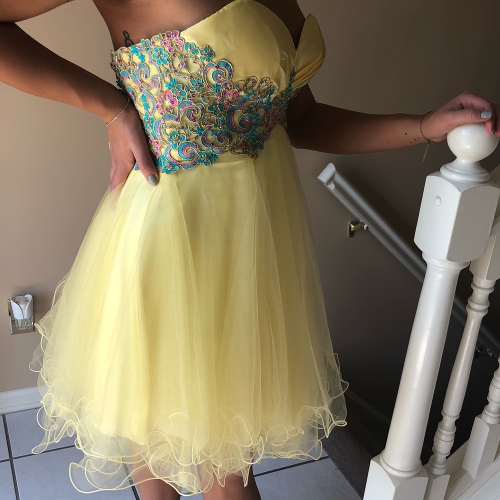 Yellow Strapless Homecoming Dress - Picture 4 of 5